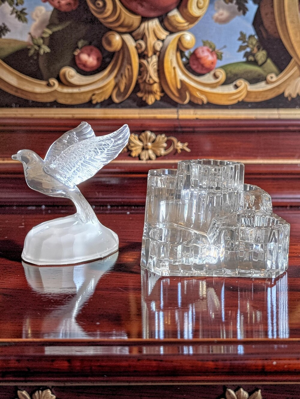 Beautiful Cristal D'Argues Lead Crystal Bird + Crystal Castle Candle Holder Set.